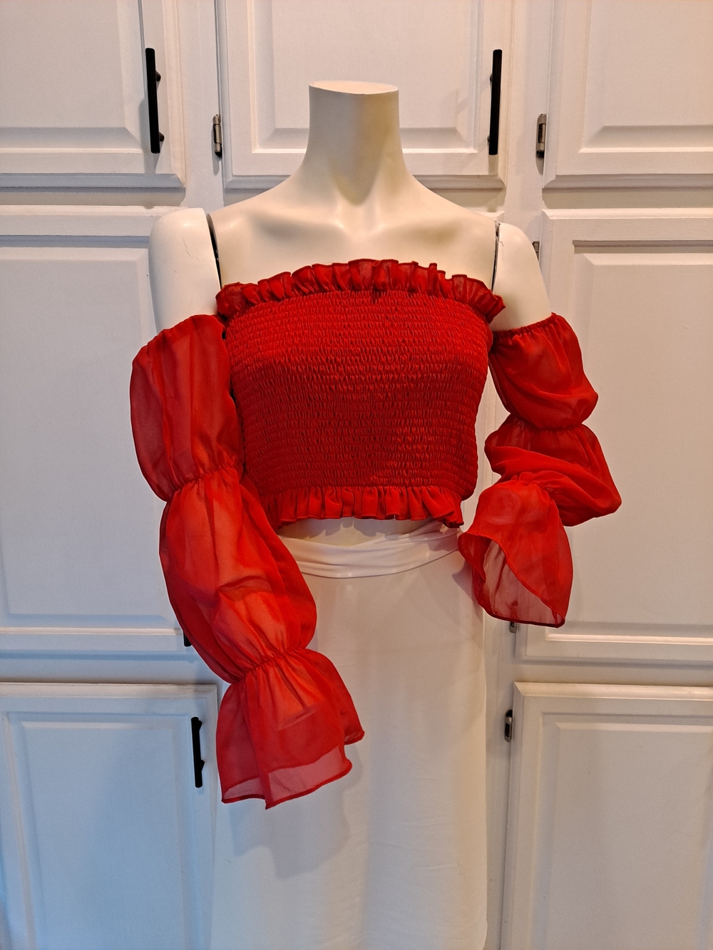 Mimosa Red Smocked Off-Shoulder Crop Top w/Sheer Puff Sleeves Tiered